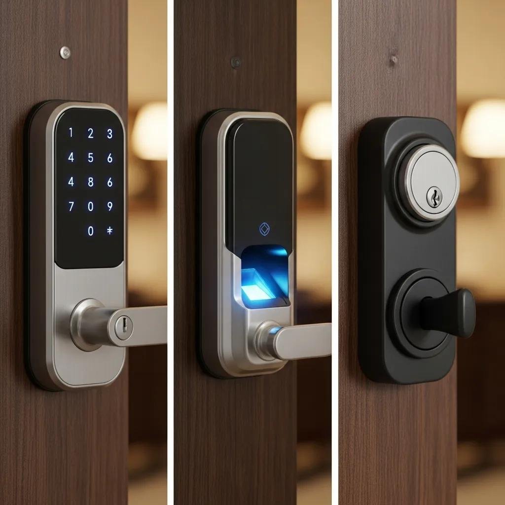 Display of keypad, biometric, and retrofit smart locks, illustrating various options for home security