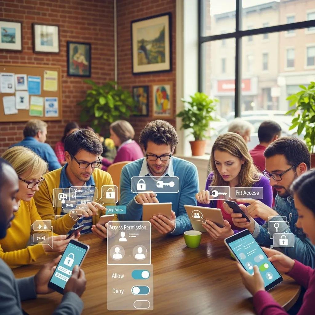 Diverse individuals managing access permissions through mobile devices in a community space