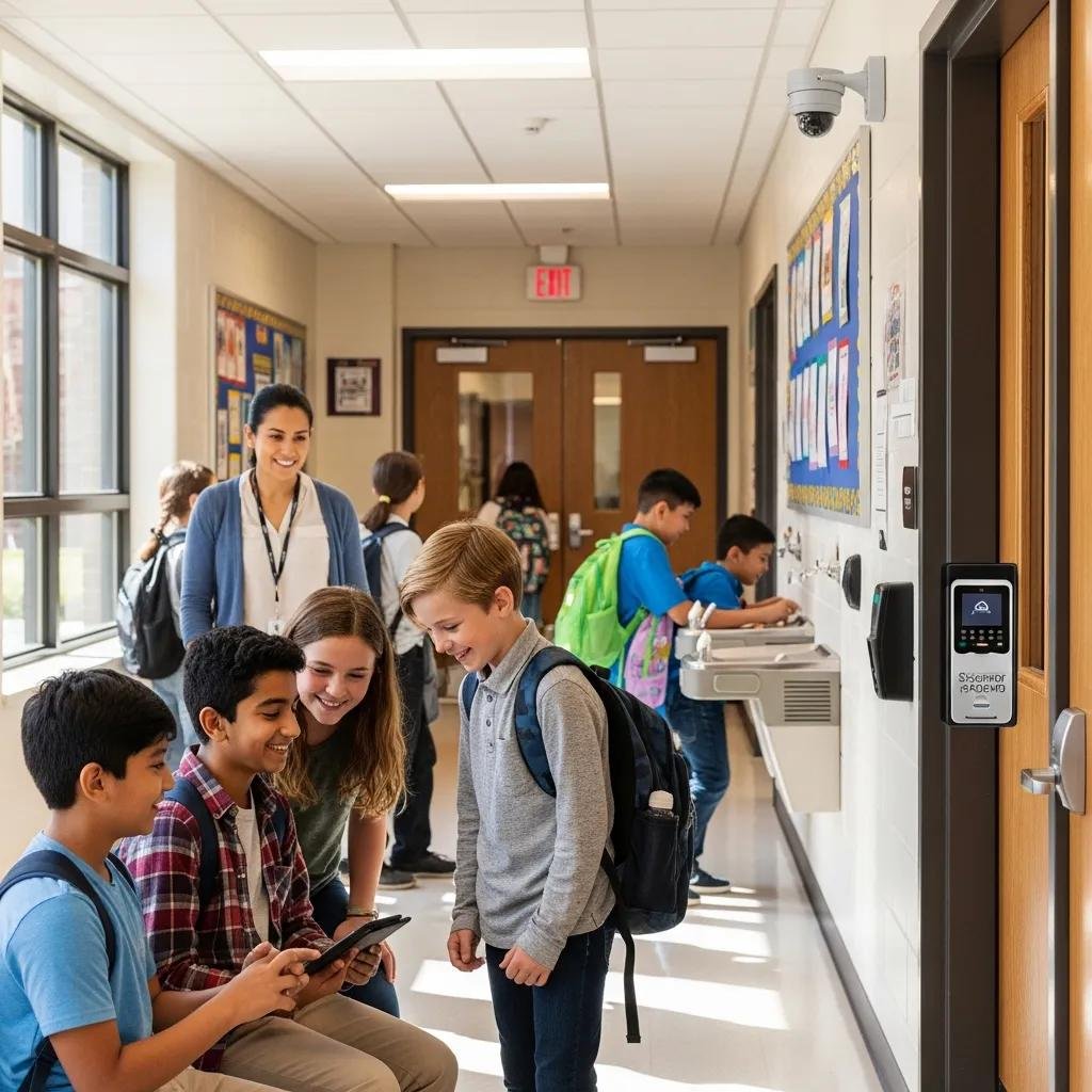 Diverse students and teachers in a secure school environment with visible security features