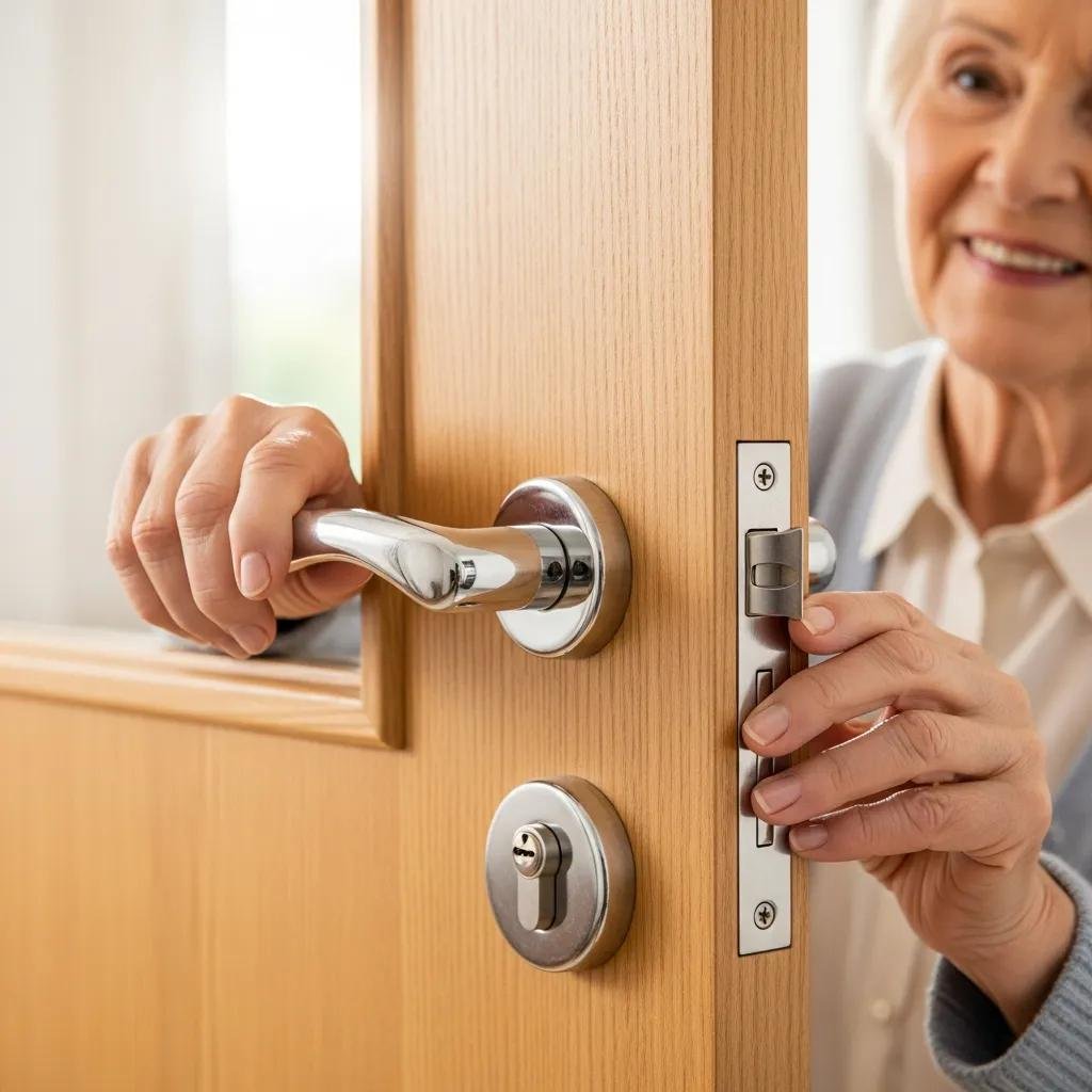 Elderly person using a lever handle lock, showcasing accessibility and style