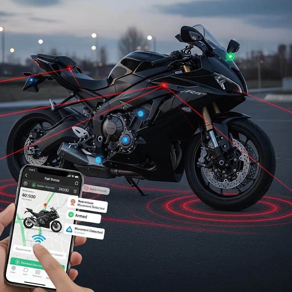 Electronic motorcycle security system with alarm and smartphone interface, highlighting advanced theft prevention technology