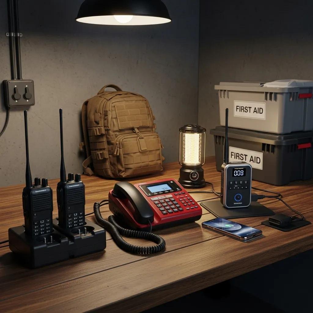 Emergency communication setup in a safe room with landline phone and two-way radios