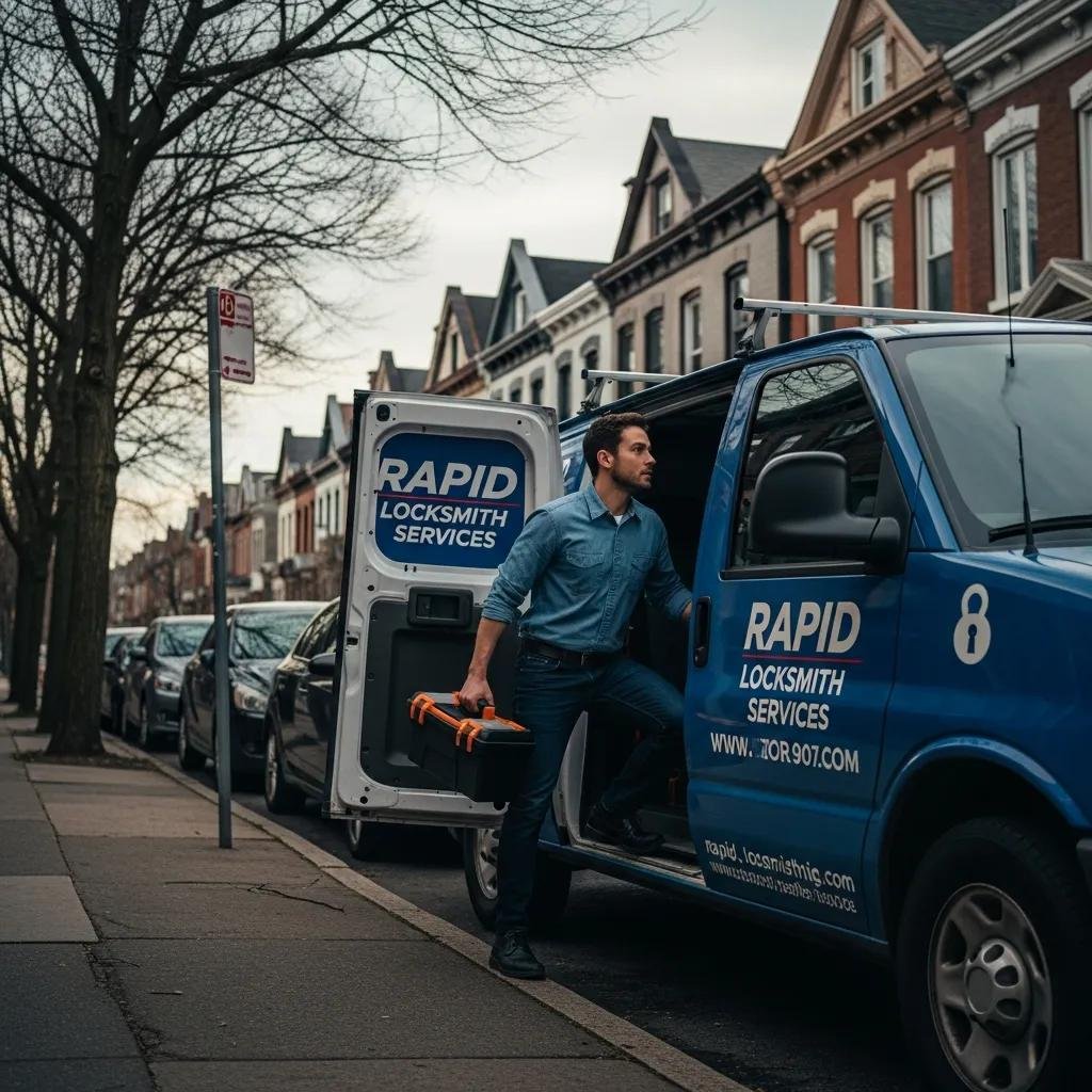 Emergency locksmith arriving at a location in a service vehicle, ready to assist with lock issues