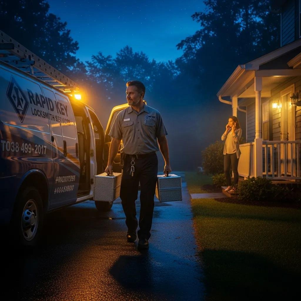 Emergency locksmith arriving at a residential property at night, emphasizing quick response times for urgent lock issues, with a woman on the phone.