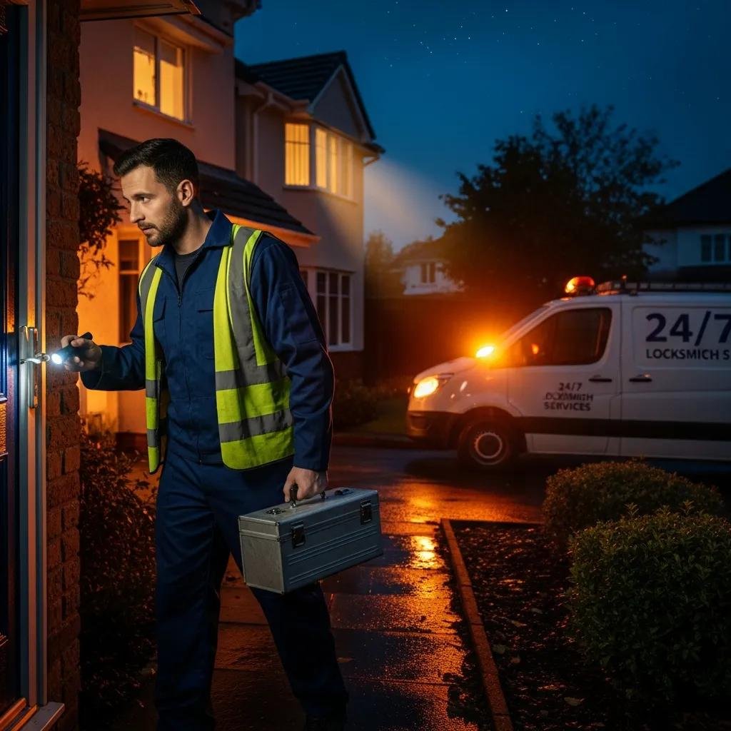Emergency locksmith arriving to provide fast door lock repair services at night