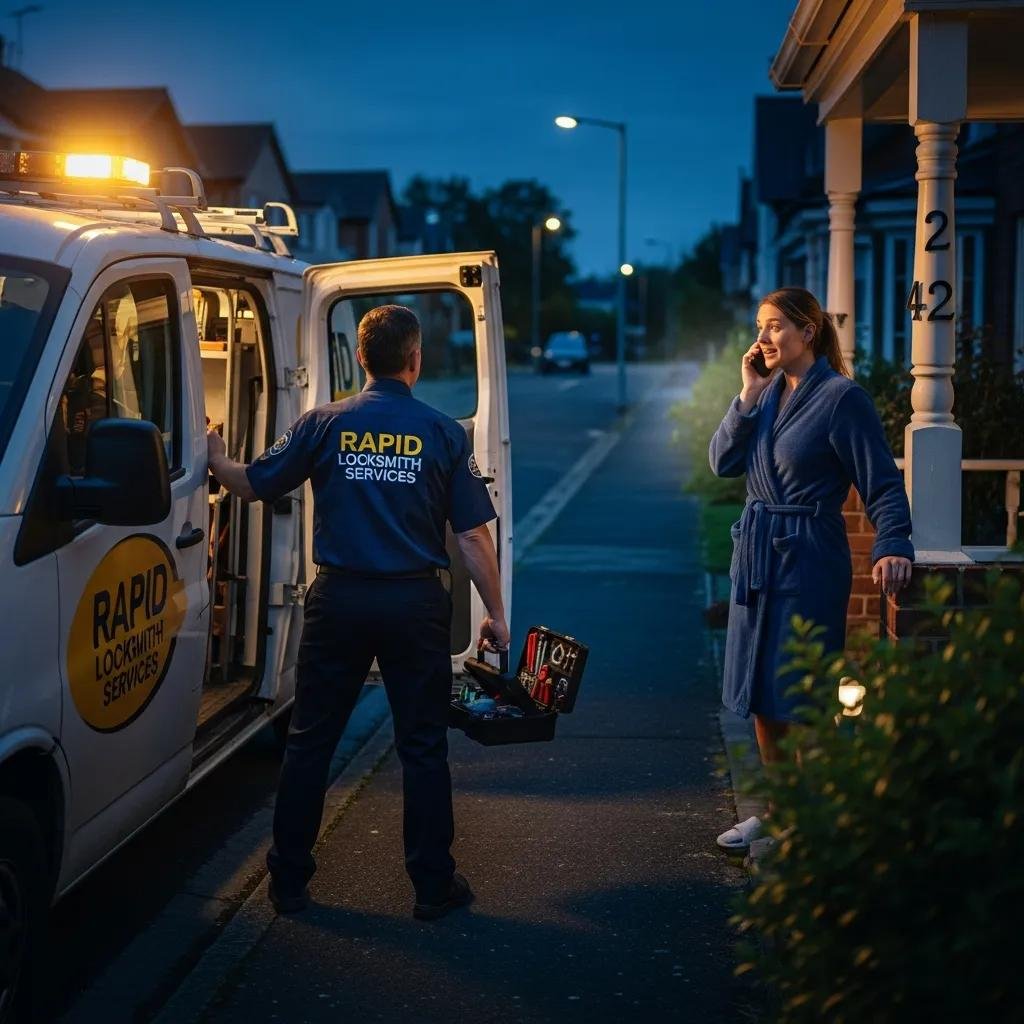 Emergency locksmith assisting a homeowner at night in Cornelius, NC