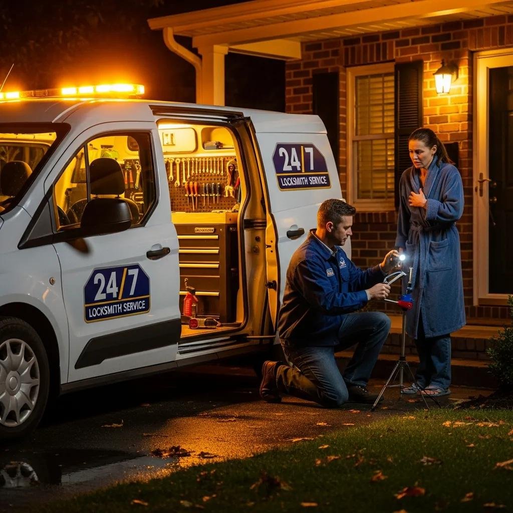 Emergency locksmith assisting a homeowner at night, showcasing trust and reliability in urgent situations