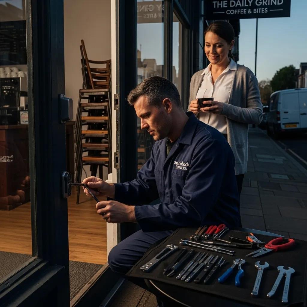 Emergency locksmith providing assistance to a small business owner during a lockout