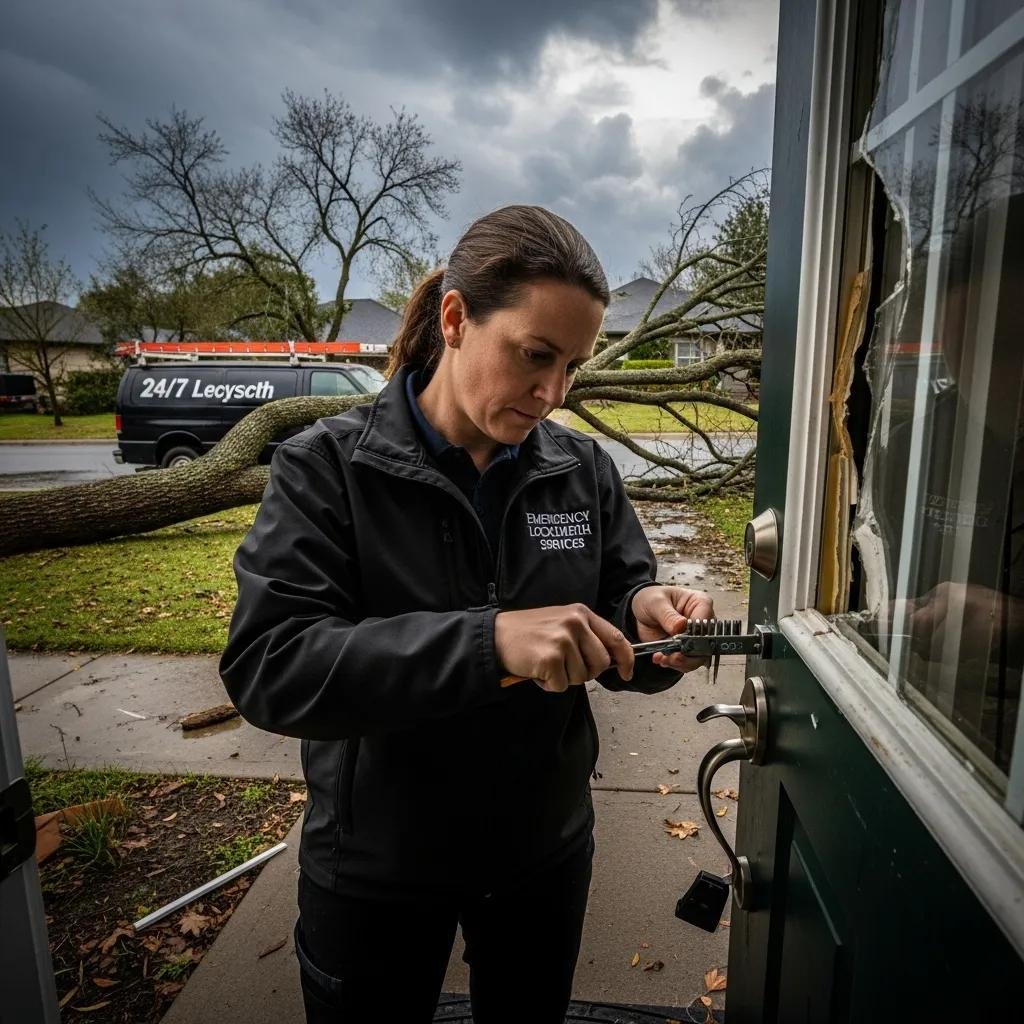 Emergency locksmith repairing a storm-damaged door lock, emphasizing the importance of security services after disasters