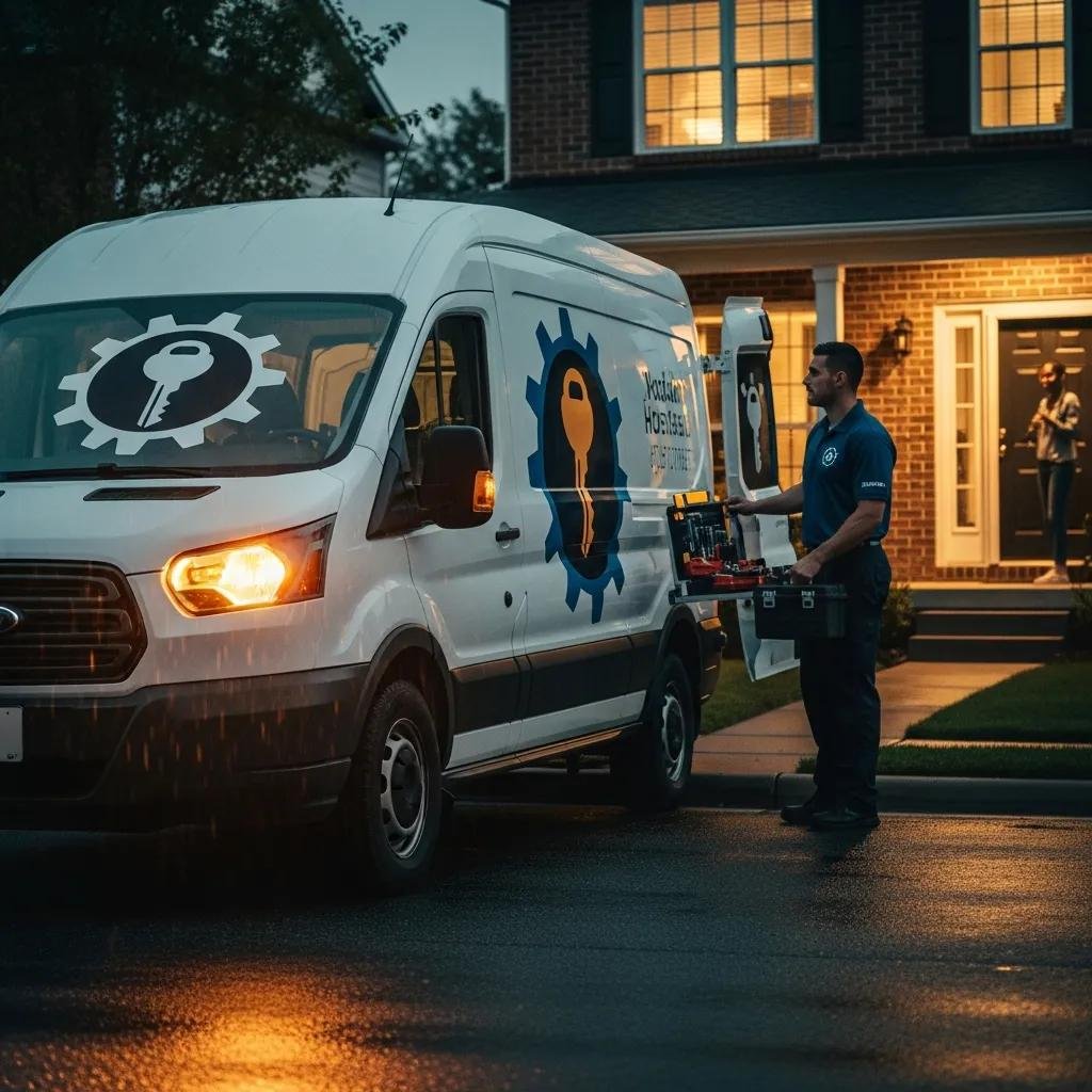 Emergency locksmith service vehicle parked at night, technician preparing tools for homeowner assistance, highlighting 24/7 availability.