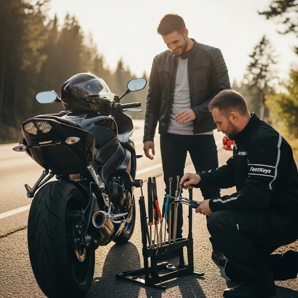 Emergency locksmith unlocking motorcycle for a stranded rider