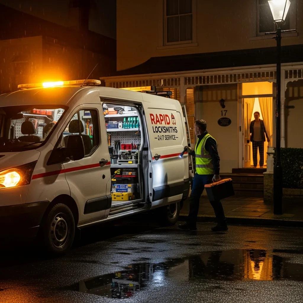 Emergency locksmith vehicle ready to assist a homeowner during a night lockout situation