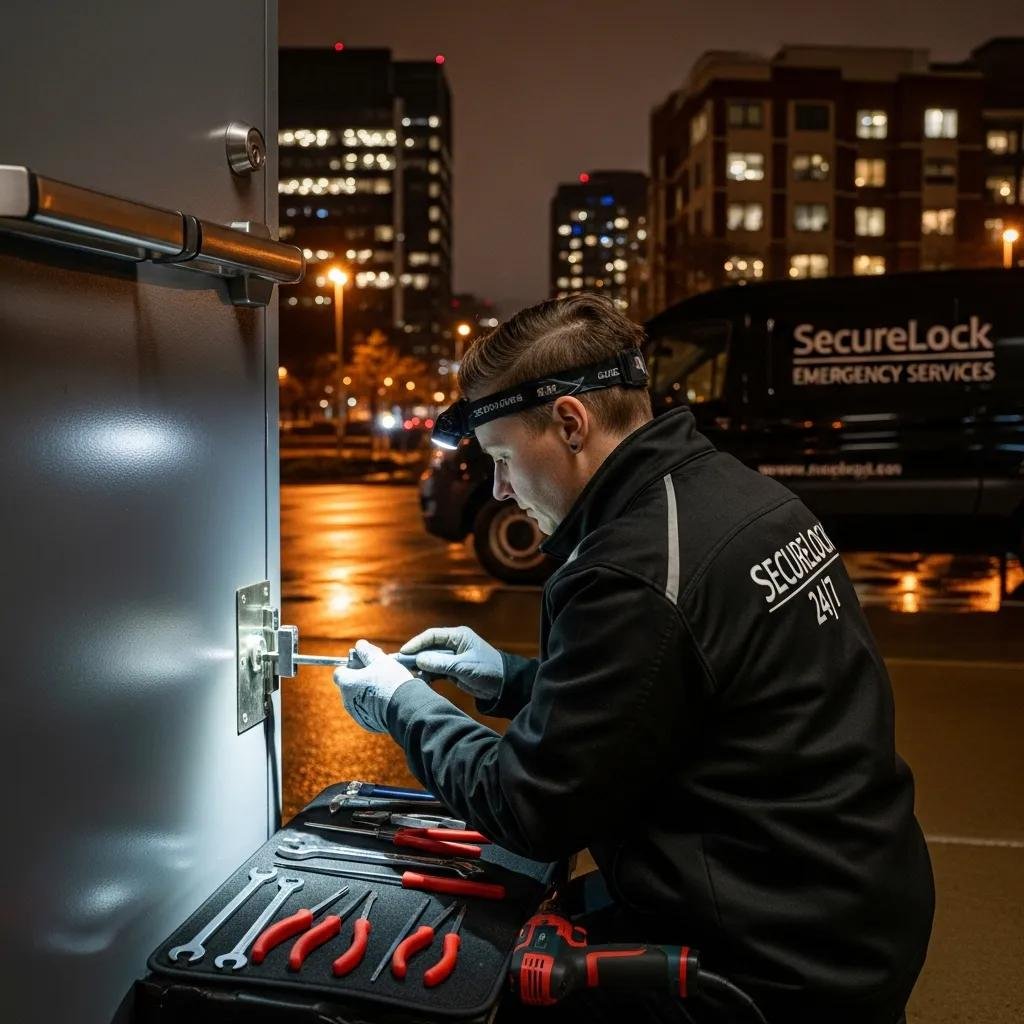 Emergency locksmith working on a commercial door lock at night