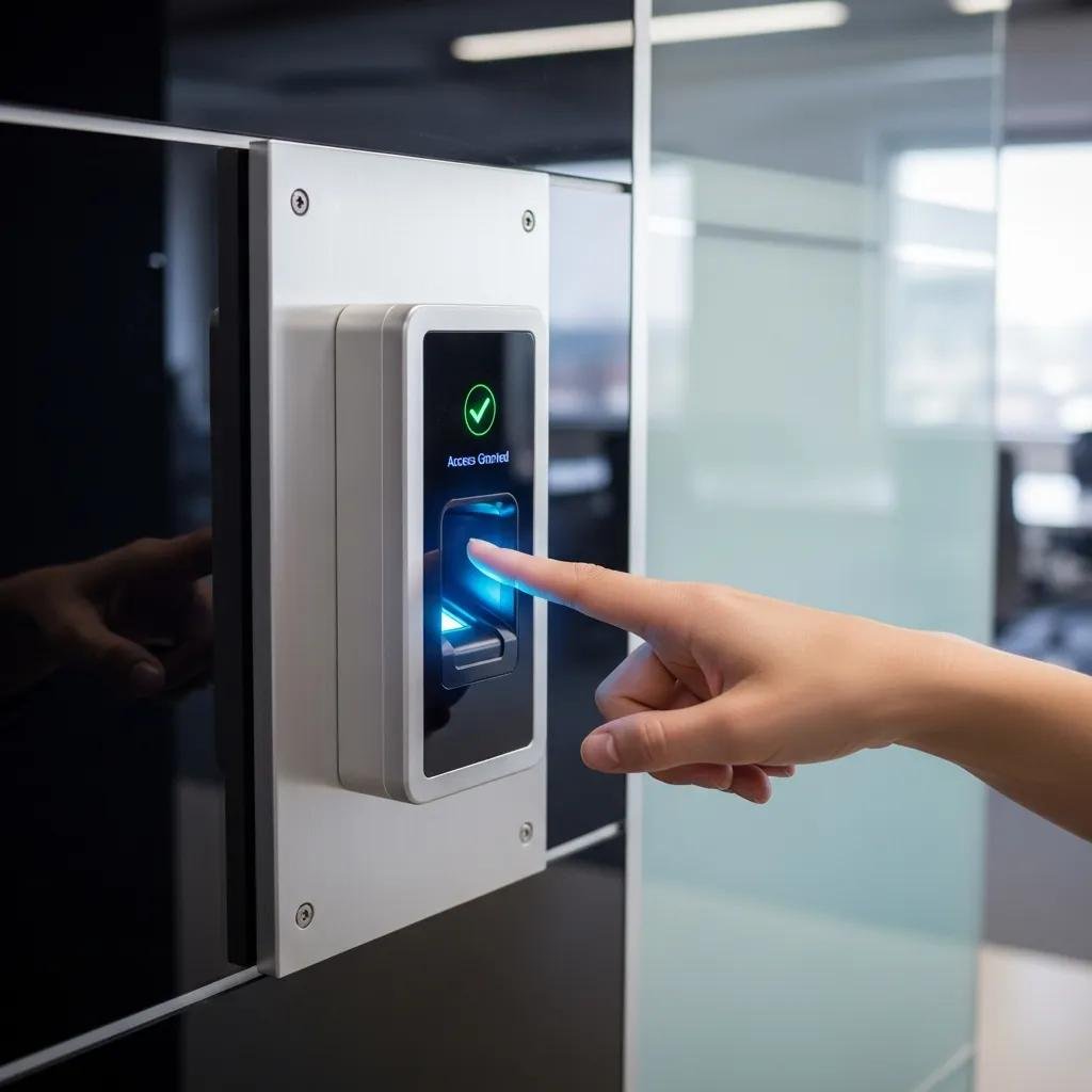 Employee using a biometric fingerprint scanner for access control, highlighting modern security technology in a professional setting