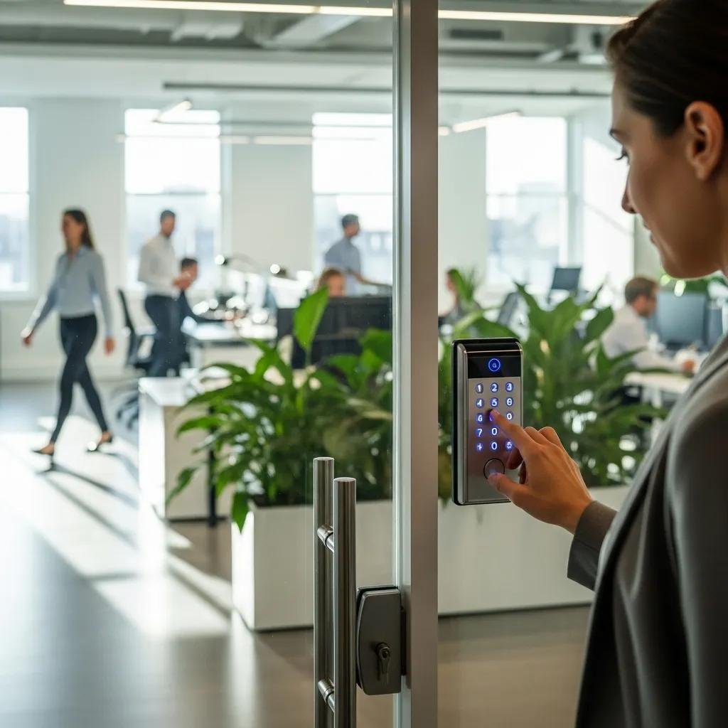 Employee using a keyless entry system to access an office, showcasing convenience and enhanced security in a modern workspace.