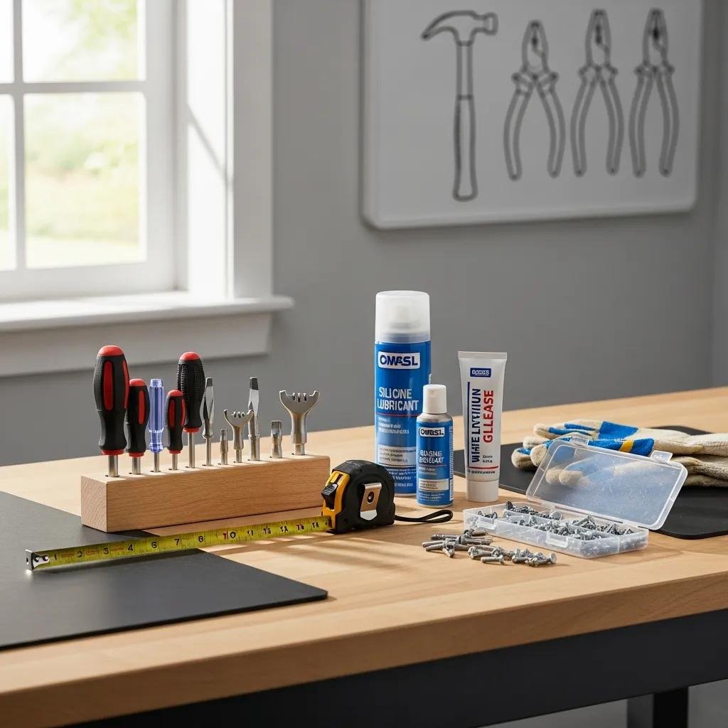 Essential tools for adjusting a door latch displayed on a clean workspace