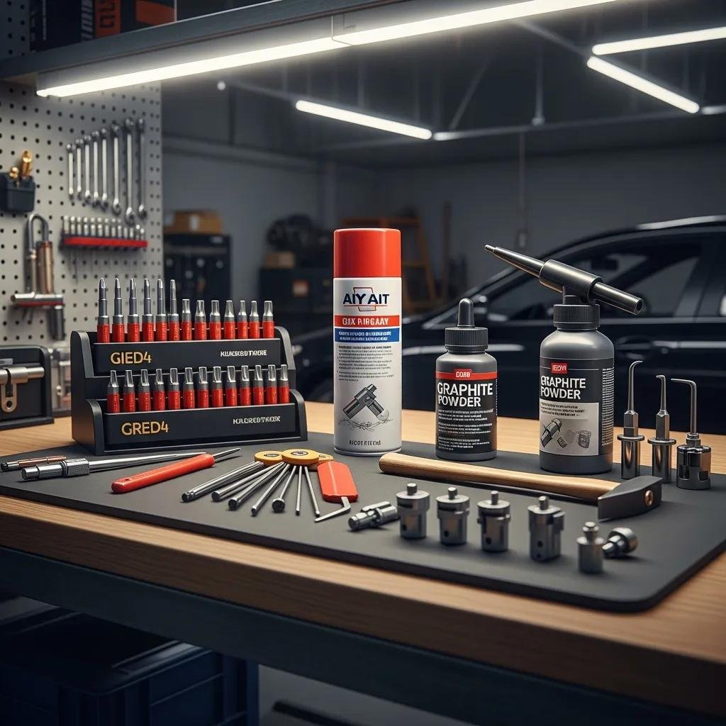 Essential tools for DIY door lock repair including screwdriver and lubricant