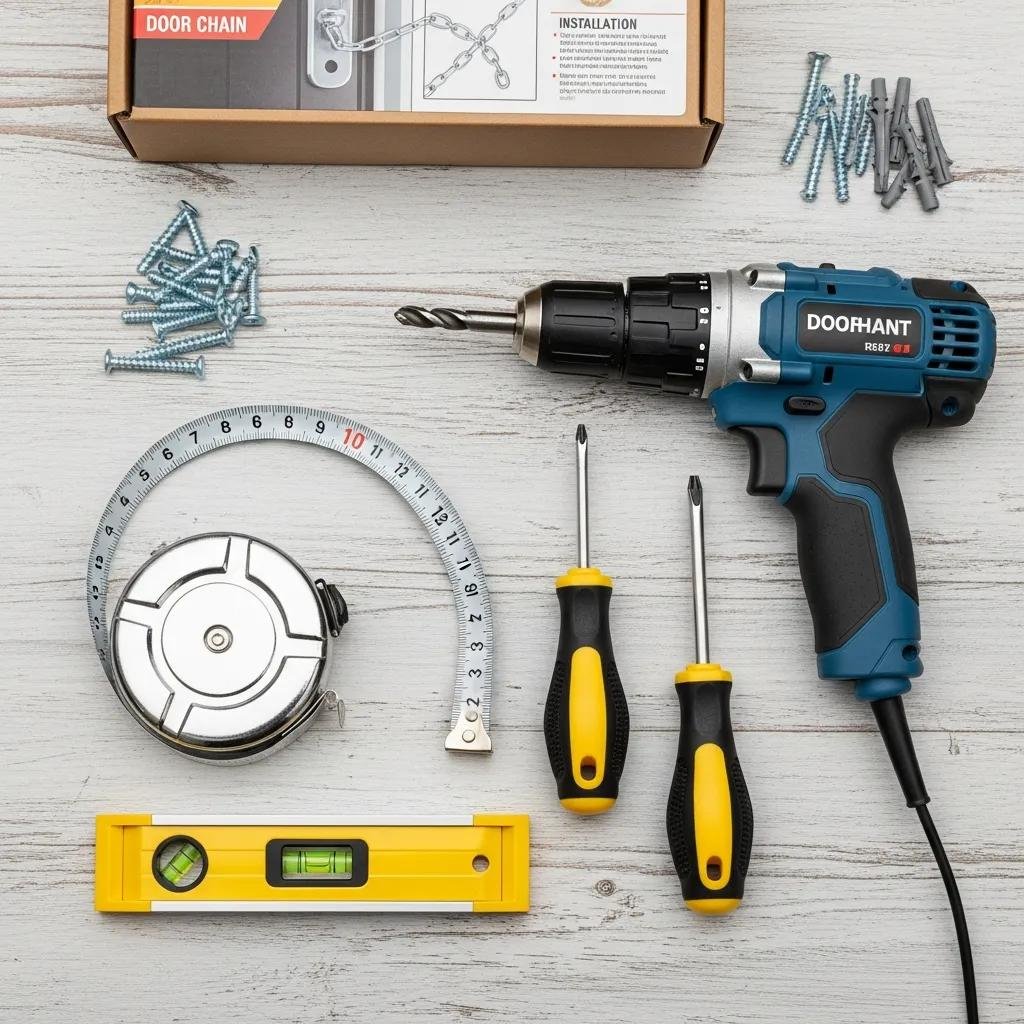 Essential tools for door chain installation arranged on a workbench, including a drill, screwdriver, and measuring tape