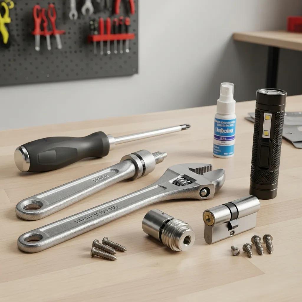 Essential tools for lock cylinder replacement including screwdriver, wrench, and flashlight