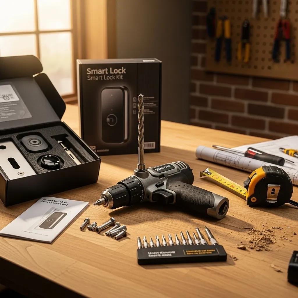 Essential tools for smart lock installation arranged on a workbench