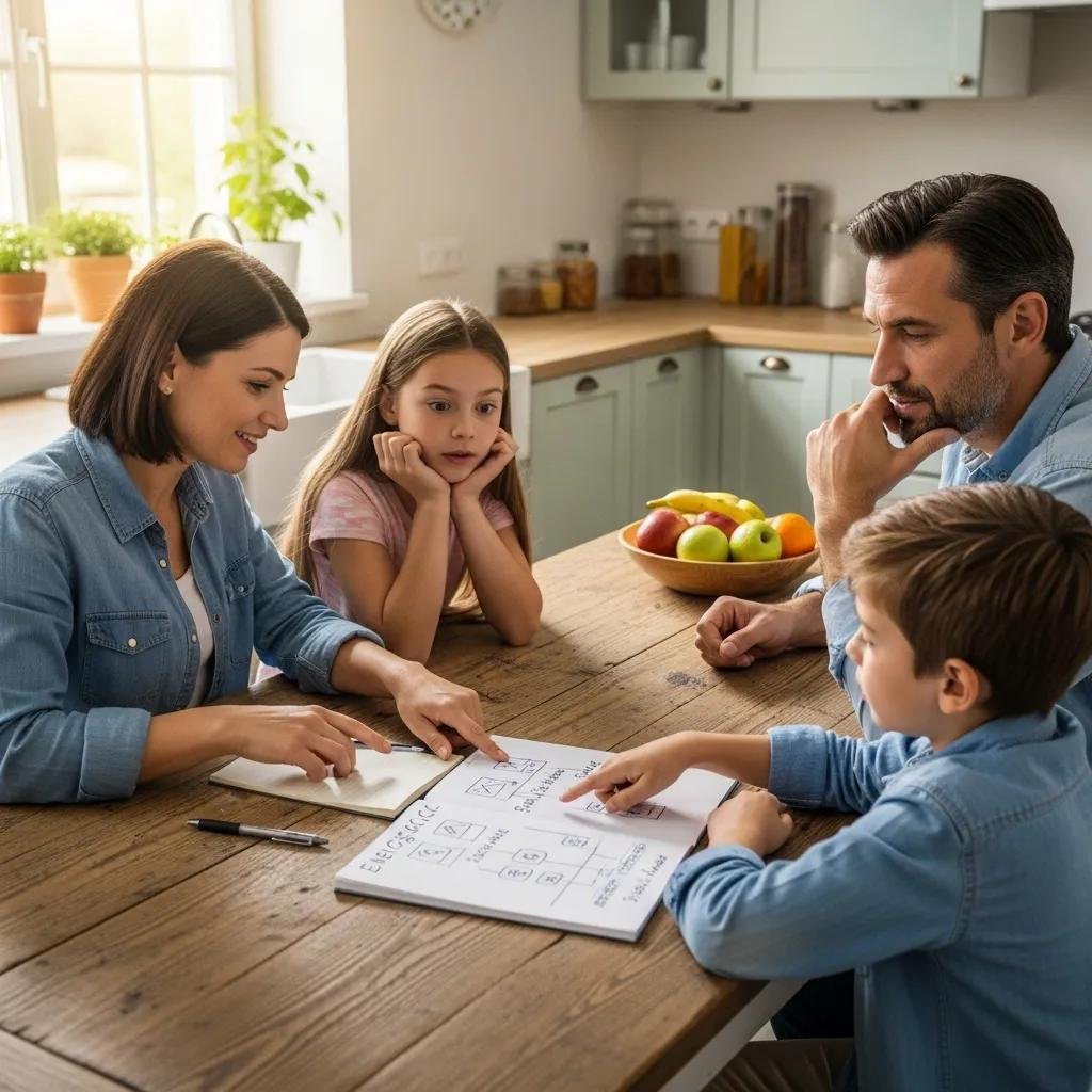 Family discussing an emergency safety plan for lockouts at the kitchen table