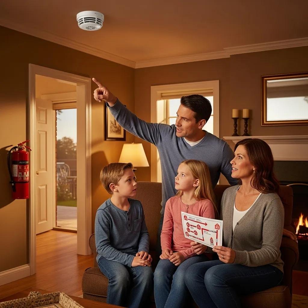 Family discussing home fire safety with visible smoke detectors and fire safety equipment