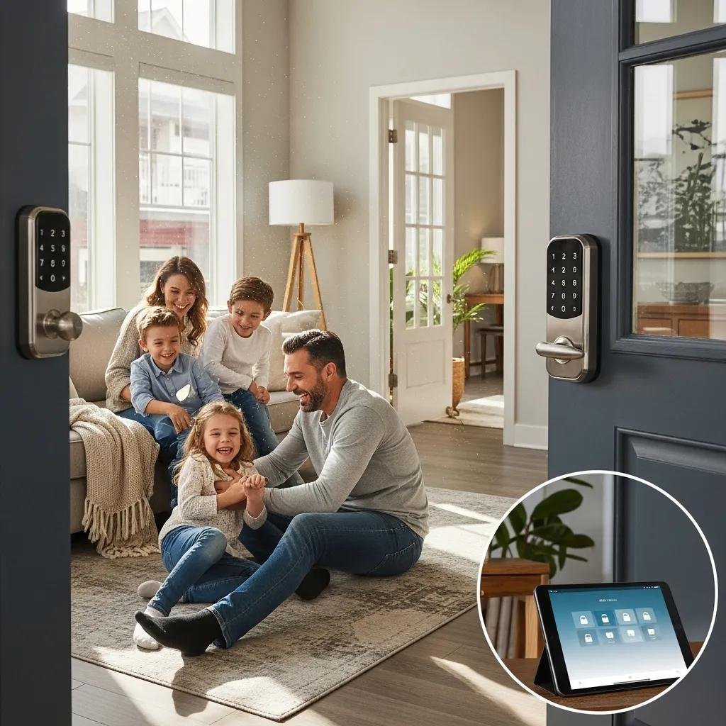Family enjoying peace of mind at home with smart locks, highlighting residential security enhancements