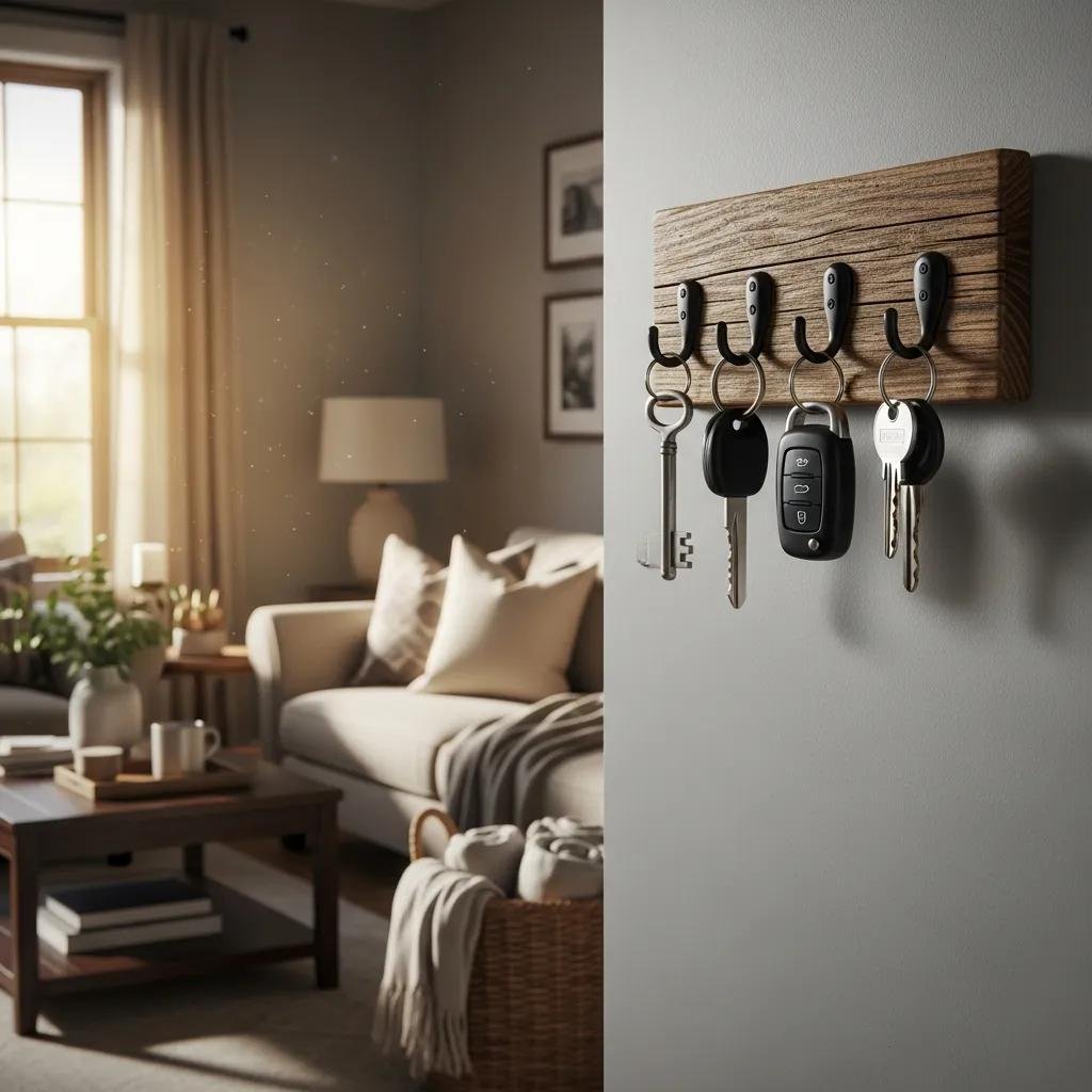 Family home entryway with organized key hooks promoting key management safety