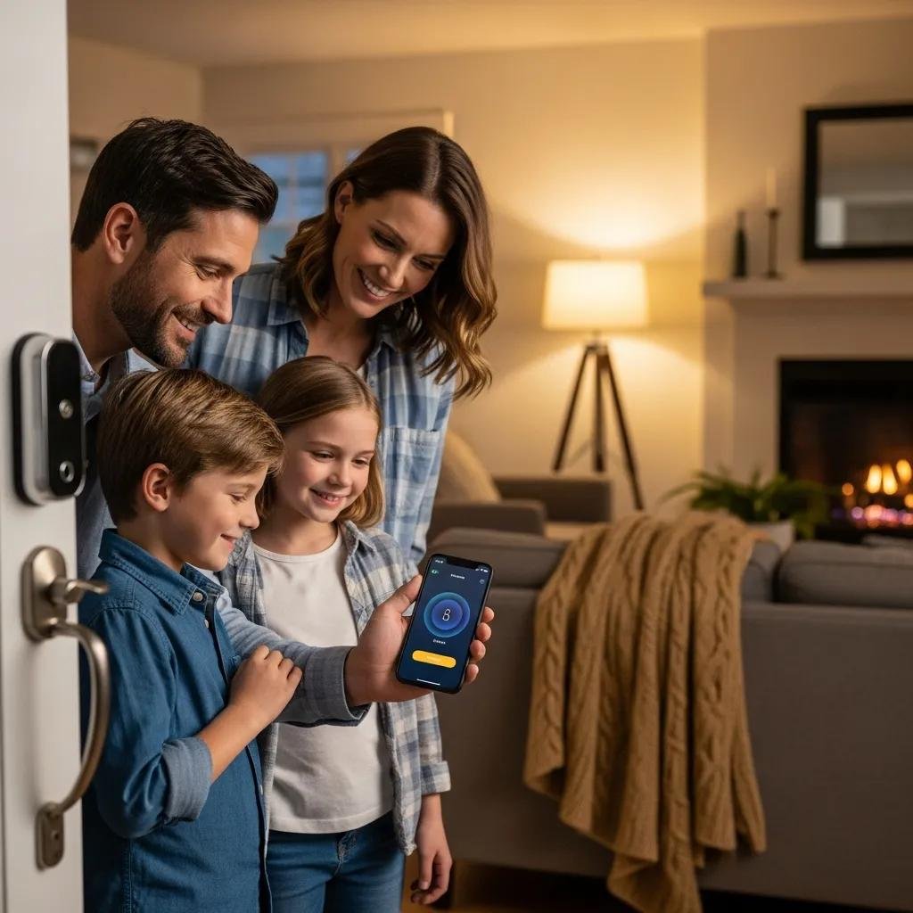 Family interacting with a smartphone to control a smart lock, illustrating the convenience and security of smart home technology.