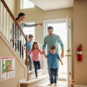 Family practicing emergency exit plan at home, highlighting safety and preparedness