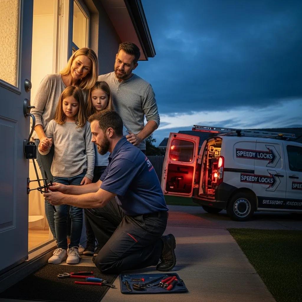 Family relieved as a locksmith assists during a home lockout, showcasing emergency service importance with tools and van visible.