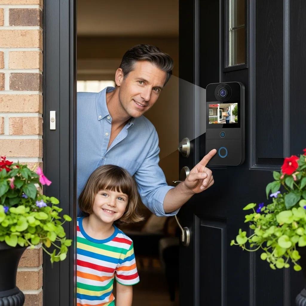 Family using a video doorbell and intercom system at home entrance