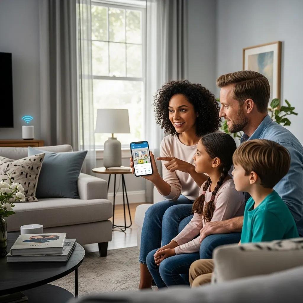 Family using a smartphone to control a wireless home security system in a cozy living room, highlighting modern smart home technology and remote monitoring features.