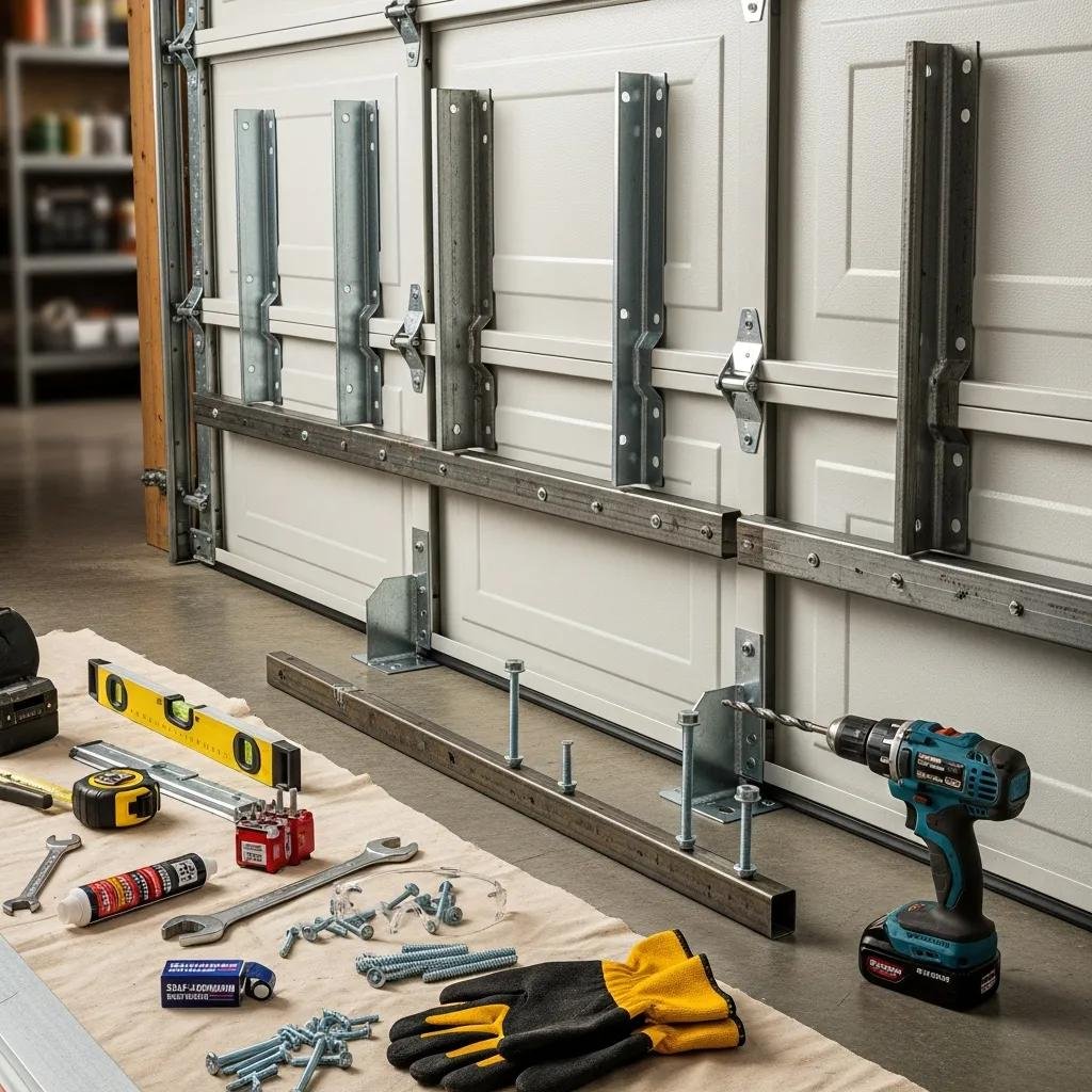 Garage door reinforcement methods including brackets and steel struts