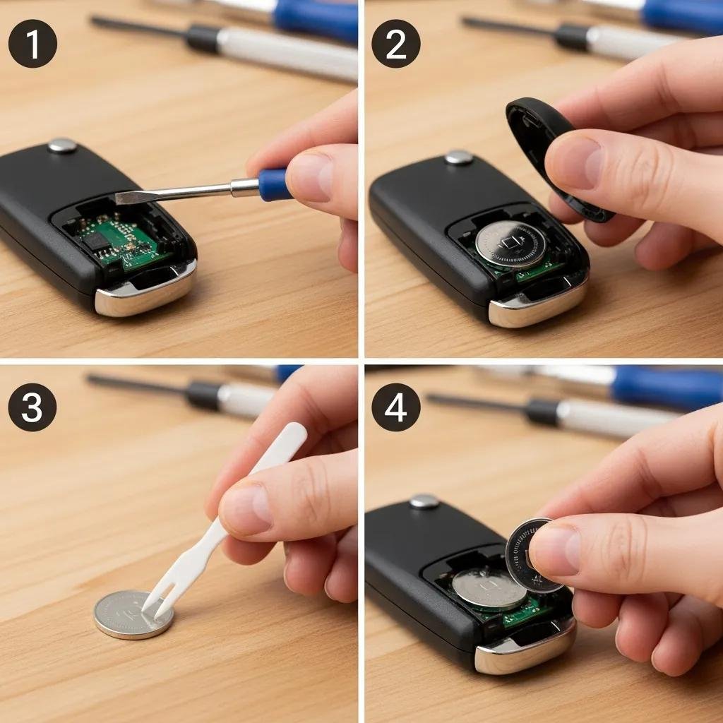 Hands replacing a car key fob battery in a well-lit workspace