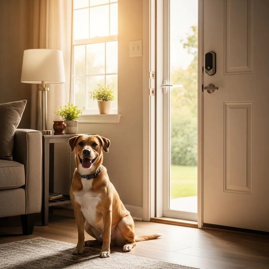 Happy dog near a smart lock on a front door, highlighting pet safety features