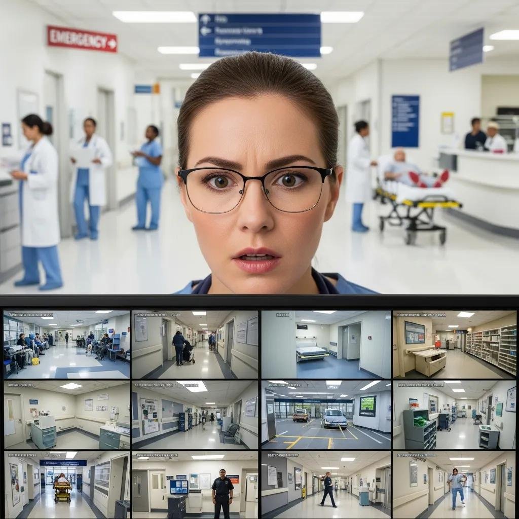 Healthcare worker monitoring security systems with surveillance footage of hospital areas, highlighting safety concerns and workplace violence prevention.