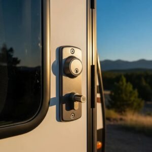 High-security deadbolt lock on an RV door in a scenic outdoor setting