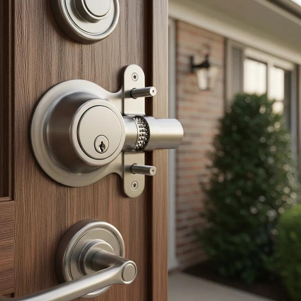 High-security deadbolt on a wooden door, emphasizing enhanced home security features
