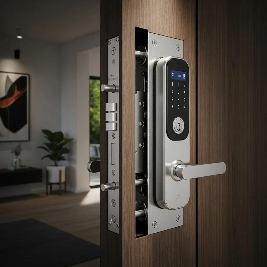 High-security lock installed on a door, demonstrating features that prevent lock bumping