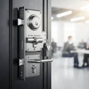 High-security lock on a commercial door emphasizing advanced security features