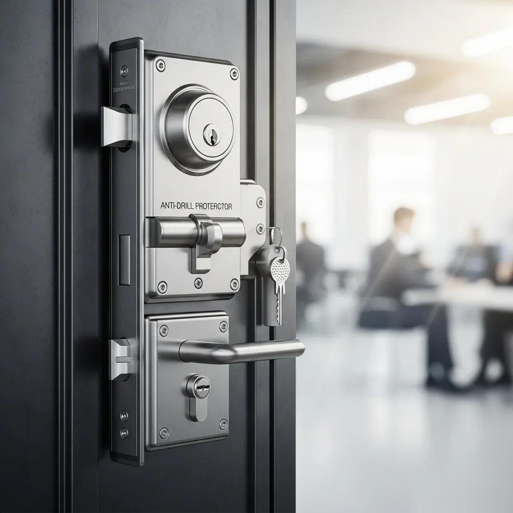 High-security lock on a commercial door emphasizing advanced security features