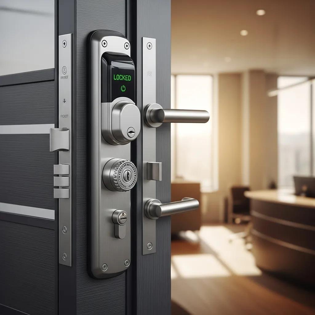 High-security lock on a commercial door representing business protection