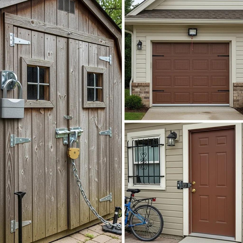High-security locks on a wooden shed with reinforced doors, showcasing effective physical security measures, alongside a garage door and a residential entry door with additional security features.