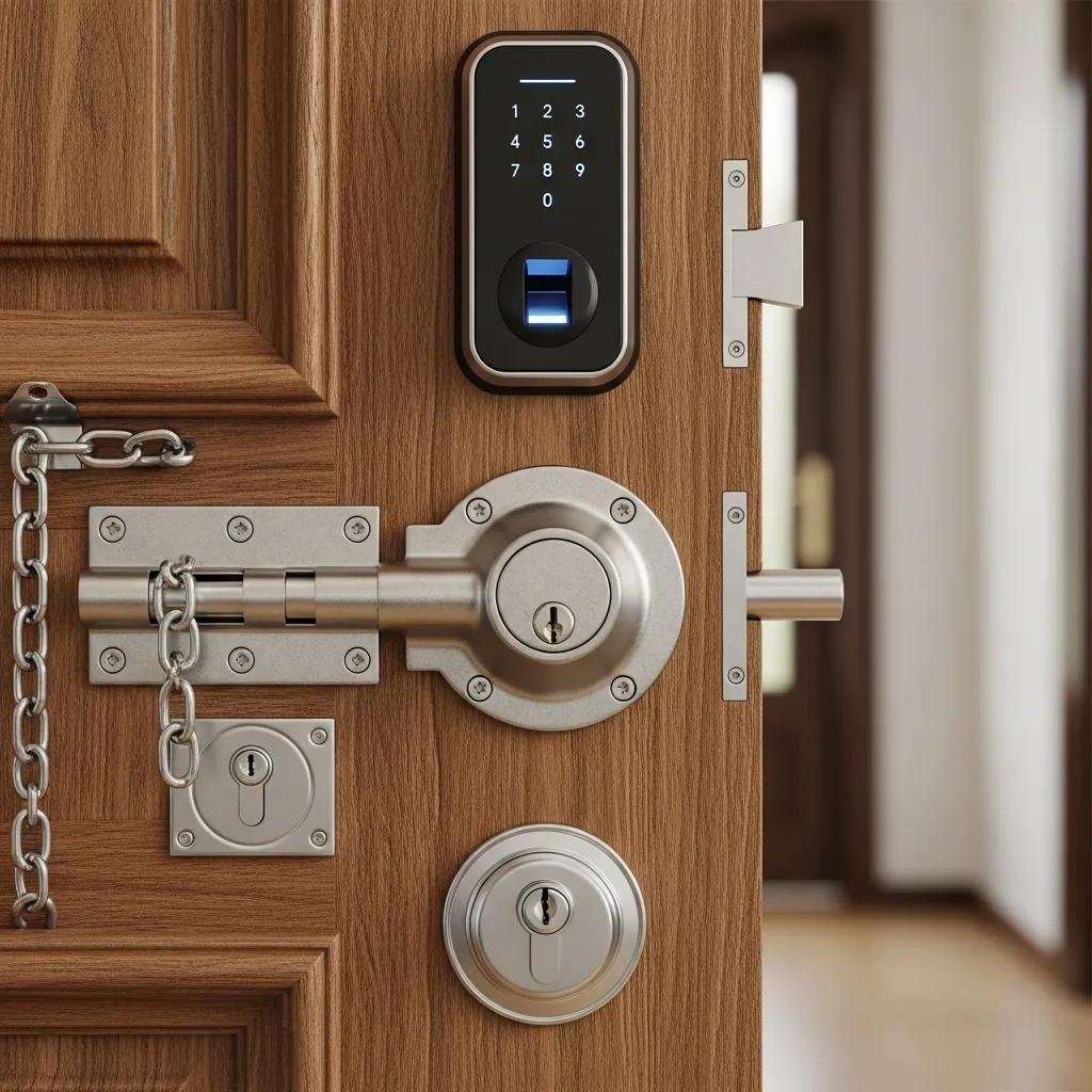 High-security door locks including a smart lock with keypad, deadbolt, and chain lock on a wooden door, emphasizing enhanced home safety and security measures.