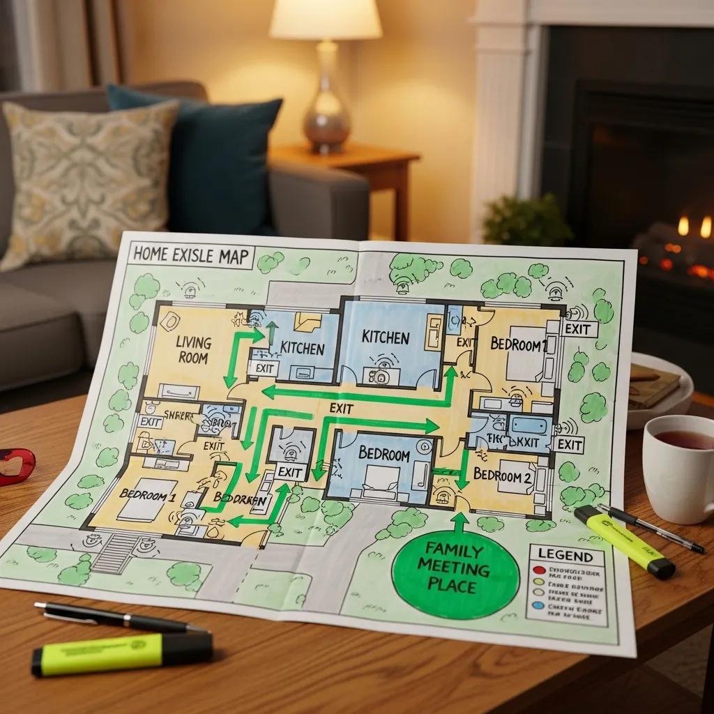 Home fire escape map with marked exits and safety features for effective planning