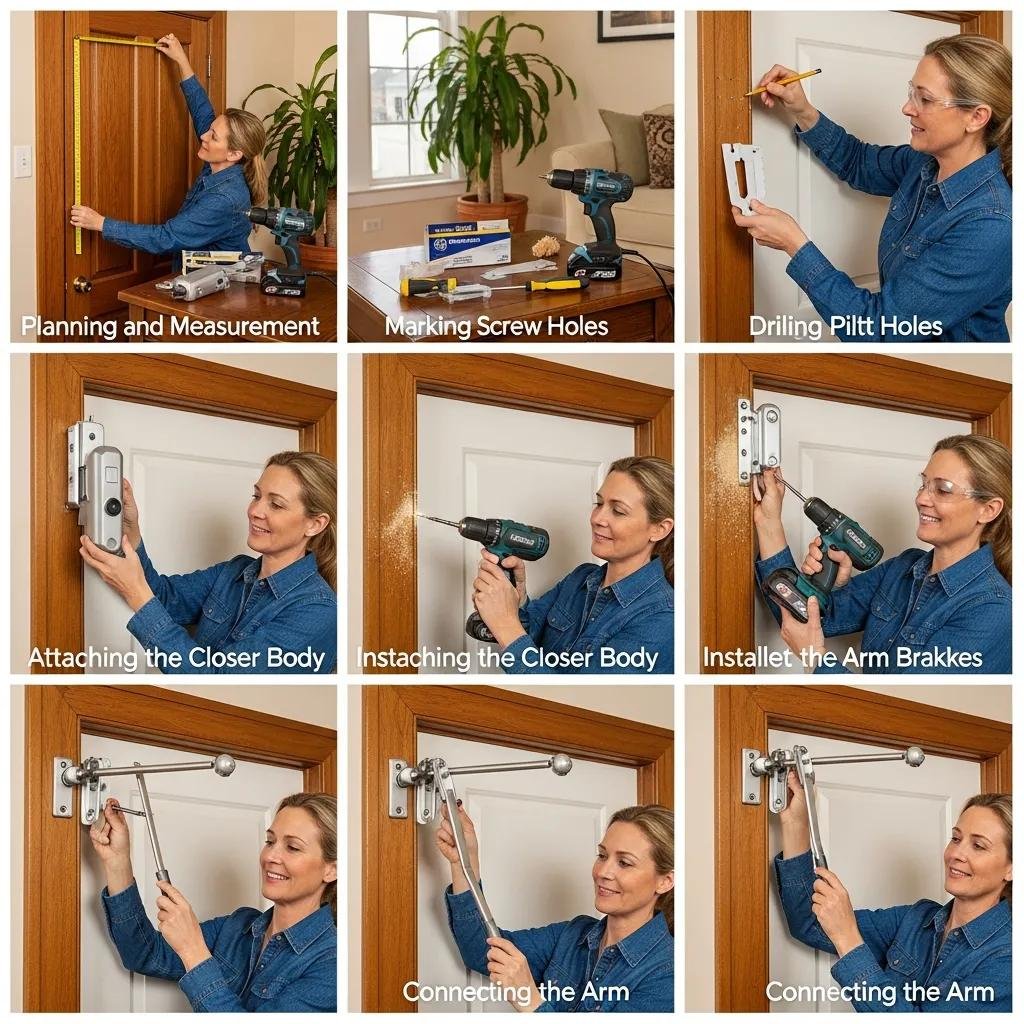 Homeowner installing a residential door closer, illustrating DIY installation steps in a cozy home