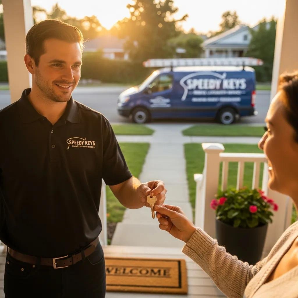 Homeowner receiving a duplicated house key from a mobile locksmith, representing residential key duplication services