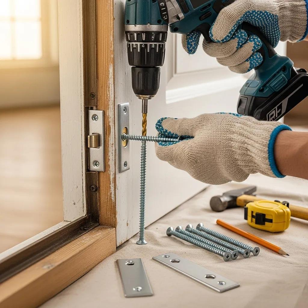Homeowner reinforcing a door frame with heavy-duty strike plates and long screws for enhanced security