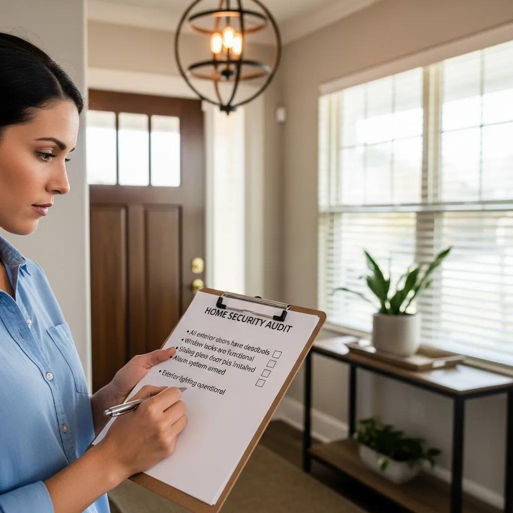 Woman reviewing a home security audit checklist in a well-lit entryway, emphasizing DIY home security assessment and identifying vulnerabilities.